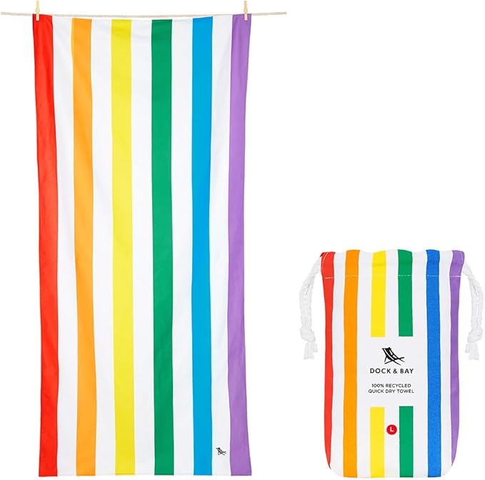 Dock & Bay Beach Towel - Quick Dry, Sand Free - Compact, Lightweight - 100% Recycled - Includes Bag - Rainbow Shores - Set of 4 - Large (160x90cm, 63x35)