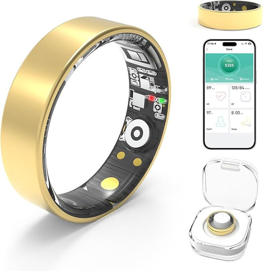 Smart Rings for Women Men,Fitness Tracker Ring,Heart Rate,Blood Oxygen,Blood Pressure,Step Tracker,Sleep Monitoring,No Subscription Fee,IP68 Waterproof Smart Ring for iphone&Android(Gold 12)