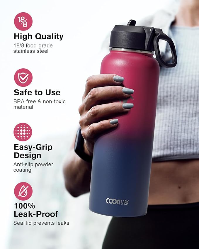Water Bottle 40 oz Insulated with Straw&Brush, Coolflask Vaccum Stainless Steel Metal 3 Lids Water Flask for Sports, Gym or Office, Keep Cold 48H Hot 24H, Ombre Wine/Navy