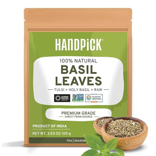 HANDPICK Dried Basil Leaves 40 Servings (100g/ 3.5oz) Non GMO, Gluten Free, 100% Raw Whole Tulsi Leaf, Sourced from India, Premium Quality, Packed in Resealable Ziplock Pouch