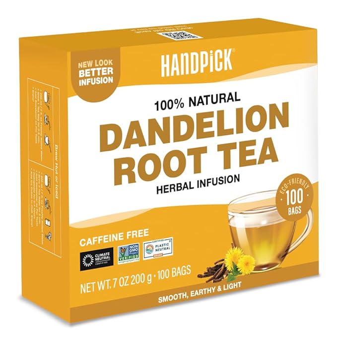 HANDPICK, Dandelion Root & Leaf Tea Bags (100 Herbal Tea Bags) Caffeine-Free Herbal Blend | Eco-Conscious Teabags | Direct from Source