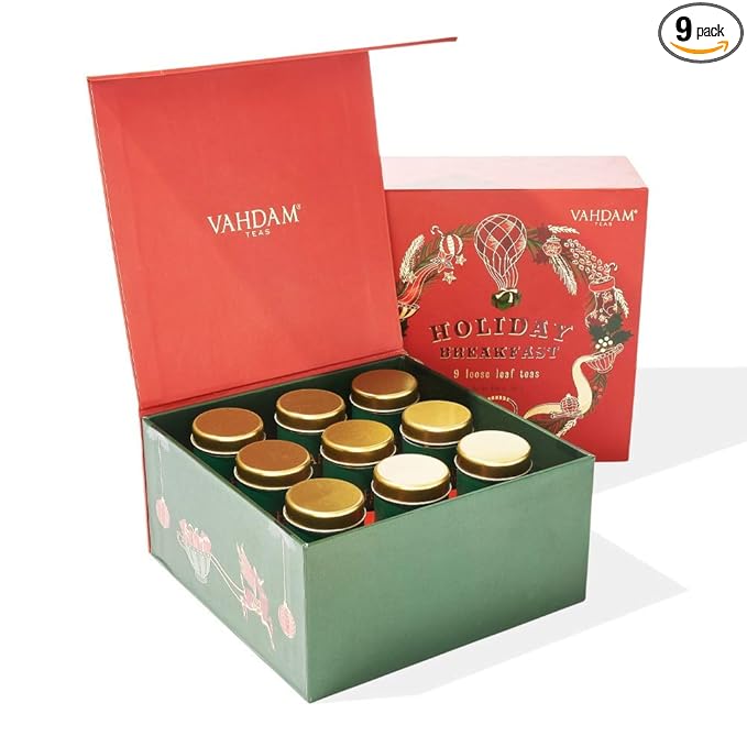VAHDAM, Holiday Breakfast - Christmas Tea Gift Sets (90+ Cups) 9 Loose Leaf Tea - Luxury Gift Box | Christmas gifts 2024 Ideas | Christmas Gifts For Women, Men & Adults I Holiday Tea Gift Box