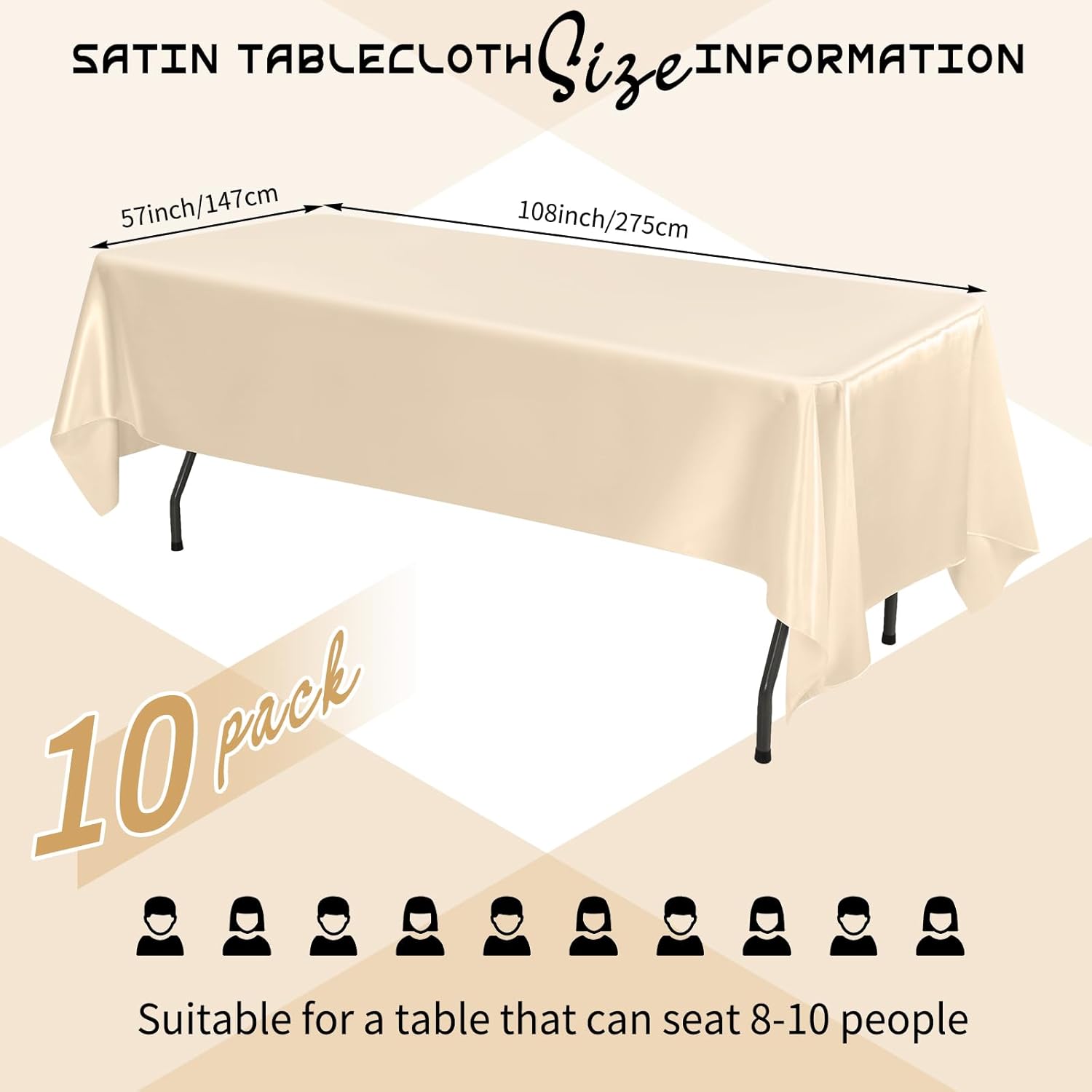 10 Packs Satin Tablecloth 57 x 108 Inch Champagne Rectangular Table Cloth Silk Tablecloth Smooth Fabric Overlay Satin Table Cover Decoration for Wedding Party Banquet Events