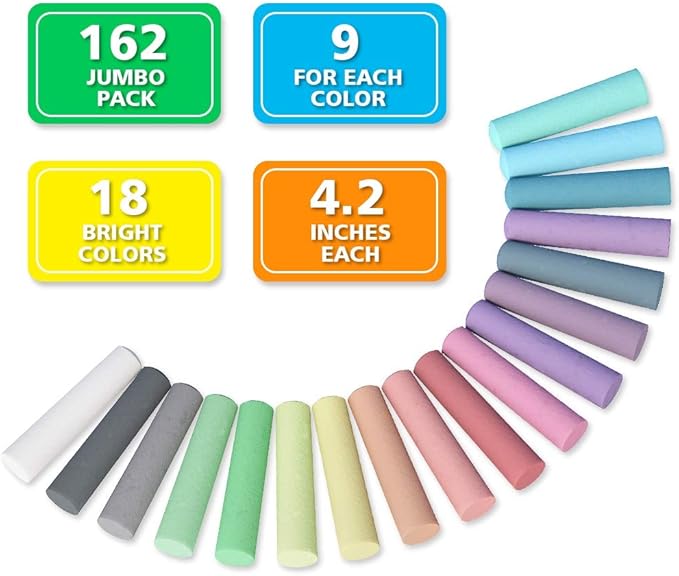 feela Sidewalk Chalk, 162 Pack 18 Colors Sidewalk Chalk Set For Kids Jumbo Chalk Bulk, Great for Kids Family, Paint on Sidewalk Wall School Driveway Blackboard Street Playground