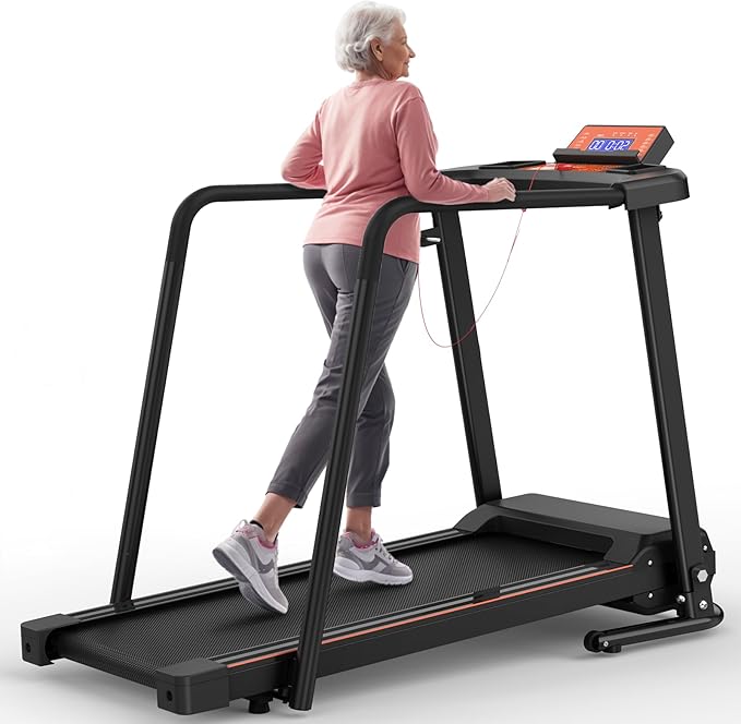 Foldable Walking Treadmill for Seniors with Long Handrails, APP Control & 3D Virtual Scenes – 3.0HP Quiet Motor, 300 lb Capacity, Shock Absorption – Ideal for Home, Office & Small Spaces
