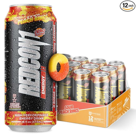 REDCON1 Energy High Performance Drink, Sour Peach Rings - Zero Sugar Energy Drink with Alpha GPC Nootropic - 200mg Natural Caffeine from Green Coffee Beans - Vitamin B6, B12 & B5 to Boost Mood (12 ct)