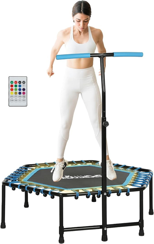 Soozier 45" Rebounder Trampoline for Adults, Mini Trampoline Indoor with Colorful LED Lights and Adjustable Handle, Quiet and Safe Bungee Rebounder