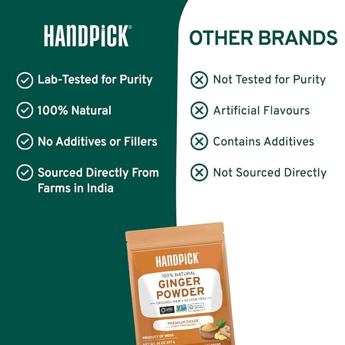 HANDPICK Ginger Powder (14oz/397g) No Additives, No Preservatives, No Fillers | Ginger Root Powder from India | Raw, Gluten Free, Non GMO | Perfect for Cooking, Baking | Resealable Zip Lock Pouch