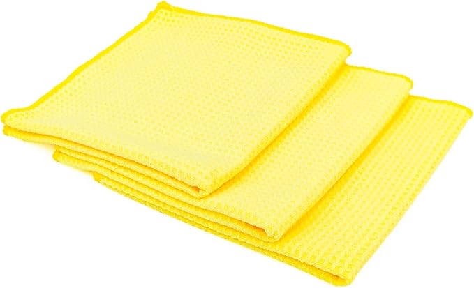 The Rag Company - Standard Waffle Weave Microfiber Towels (3-Pack) Detailing, Window, Glass and Drying, Wax & Polish, Lint-Free, Streak-Free, 370gsm, 16in x 16in, Yellow
