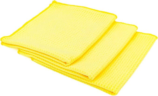 The Rag Company - Standard Waffle Weave Microfiber Towels (3-Pack) Detailing, Window, Glass and Drying, Wax & Polish, Lint-Free, Streak-Free, 370gsm, 16in x 16in, Yellow