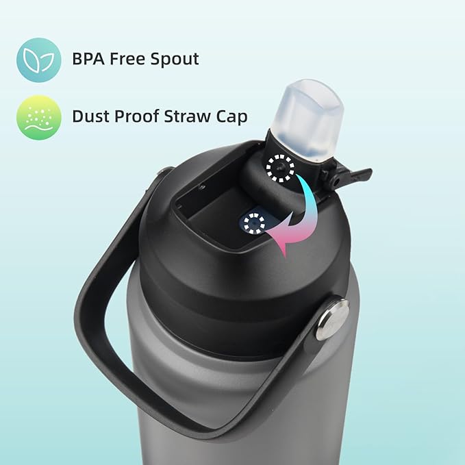 Insulated Water Bottle with Straw Lid,24 oz Stainless Steel Vacuum Metal Bottle with Silicone Handle,Gray Black