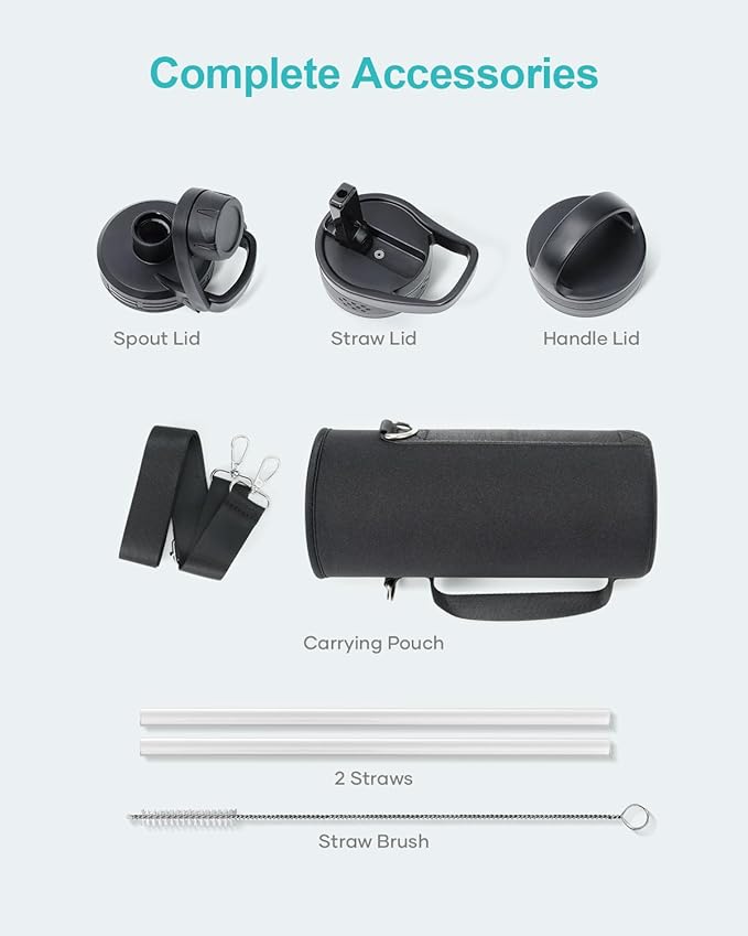 BUZIO 40 oz Water Bottle Insulated with Straw & 3 lid and Carrying Pouch, Leak Proof Anti-Slip Stainless Steel Water Flask Jug, Cold for 48 Hrs Double Vacuum Thermo Canteen, BPA-Free, Shadow