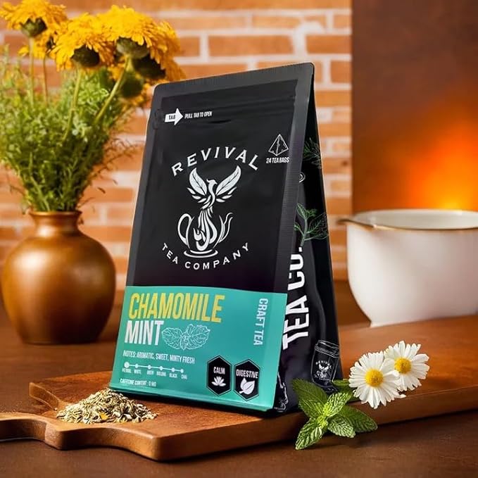 Revival Tea Company Chamomile Mint Tea - Herbal Tea Blend of Chamomile Flowers and Peppermint Leaf - Caffeine Free - 24 Tea Bags