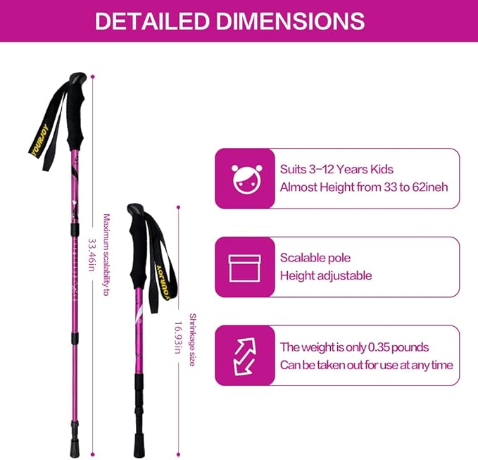 Hiking Trekking Poles, 2 Pack Anti Shock, Adjustable, Collapsible Hiking Poles for Trekking or Walking, Lightweight Aluminum Sticks for Children