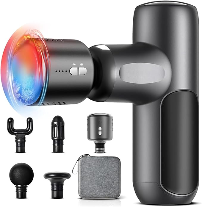 Mini Massage Gun with Heat and Cold Head, Percussion Muscle Massager with 4 Attachments, Portable Hand Held Massager Gun for Pain Relief, Rechargeable Small Massage Gun for Office, Home, Athletes