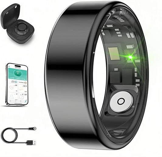 Smart Ring for Men Women with Black Charging Box, Bluetooth, Health Ring , IP68 Waterproof, Fitness Ring Tracks Heart Rate/Sleep/Steps/Sports Activities/Blood Oxygen,non-subscription app (Black, 12)