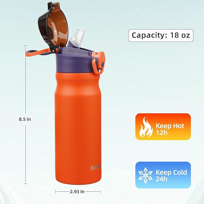 Insulated Water Bottle with Straw and Carry Loop,18 oz Stainless Steel Double Wall Vaccum Metal Water Flask with Leak-proof Lid,Orange