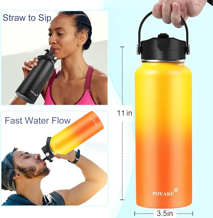 Water Bottle Insulated 32oz 40oz 64oz 128oz Straw Lid Spout Lid & 3 Lids, Leak Proof, Vacuum Insulated,Stainless Steel Water Bottle Wide Mouth for Sports, Gym or Office