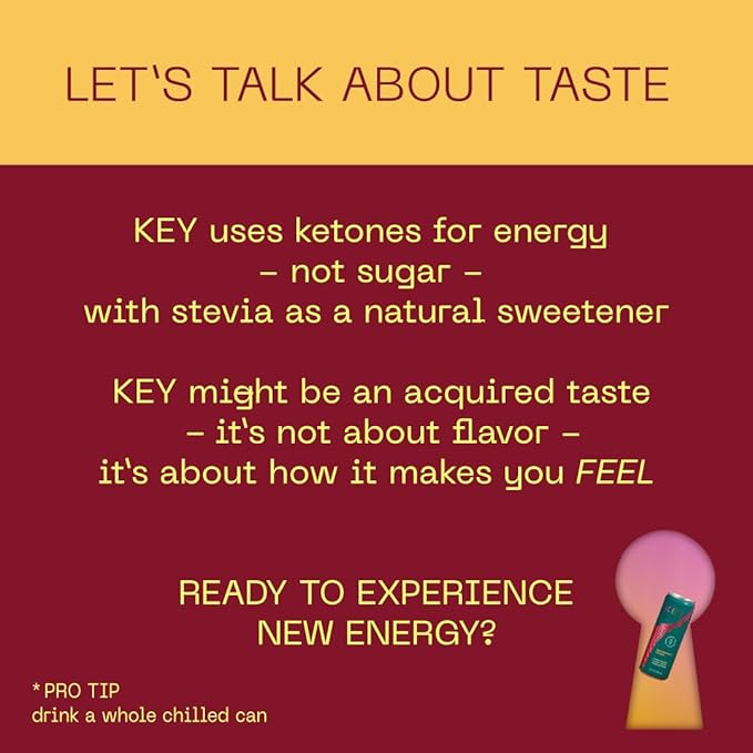 KEY Ketone Energy Drink : Sugar Free, 80mg Low Caffeine, All Natural, 11.5g Ketones, Long Lasting Energy, Green Tea & L-Theanine for Mental Focus, Ginger Lime (Pack of 12)