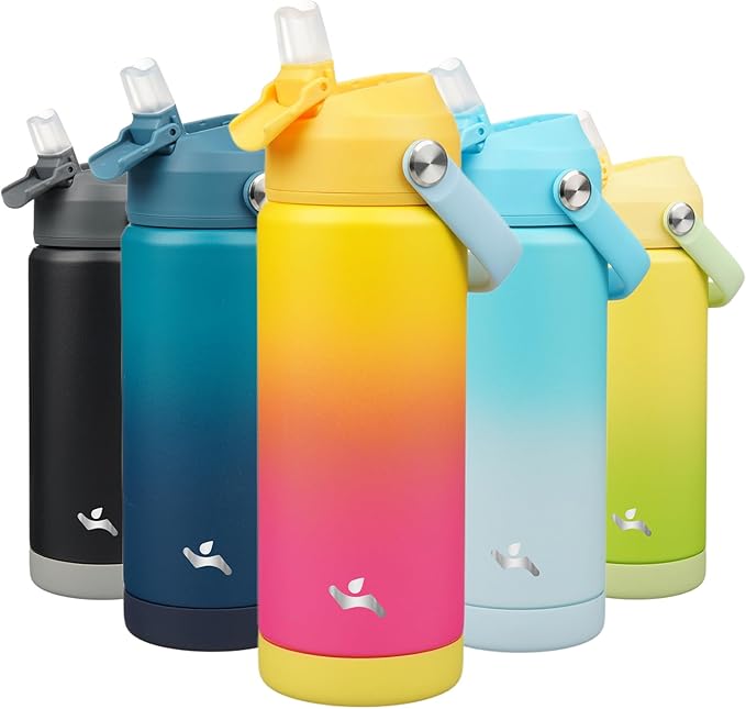 Insulated Water Bottle with Straw Lid,18 oz Stainless Steel Vacuum Metal Bottle with Silicone Handle,Rainbow