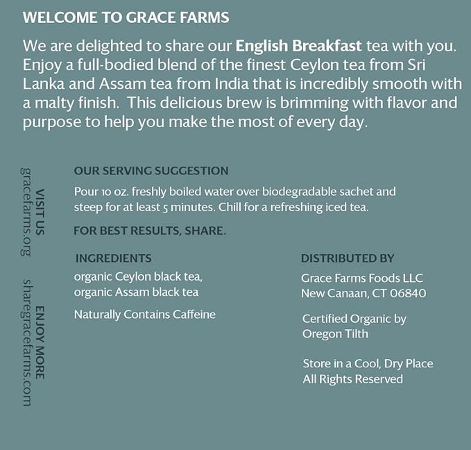 Grace Farms Organic English Breakfast Black Tea, 16 Pyramid Sachets | Fairtrade & Kosher |Gives Back 100% of Profits