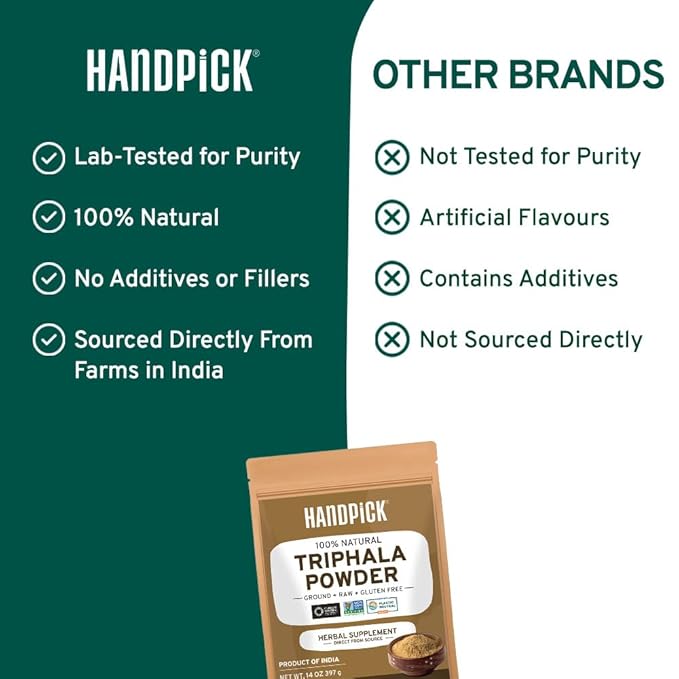 HANDPICK Triphala Powder (397g/14oz) Non GMO, Gluten Free, 100% Raw, Sourced from India, Herbal Formula of Amla, Haritaki, Bibhitaki, Packed in Resealable Zip Lock Pouch