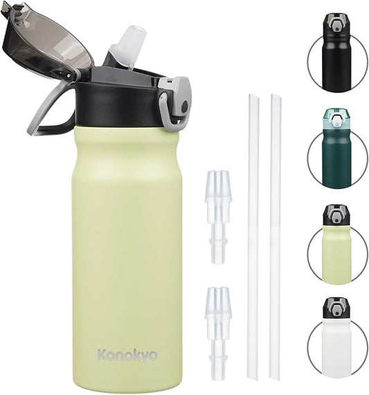Insulated Water Bottle with Straw and Carry Loop,18 oz Stainless Steel Double Wall Vaccum Metal Water Flask with Leak-proof Lid,Macaron Green