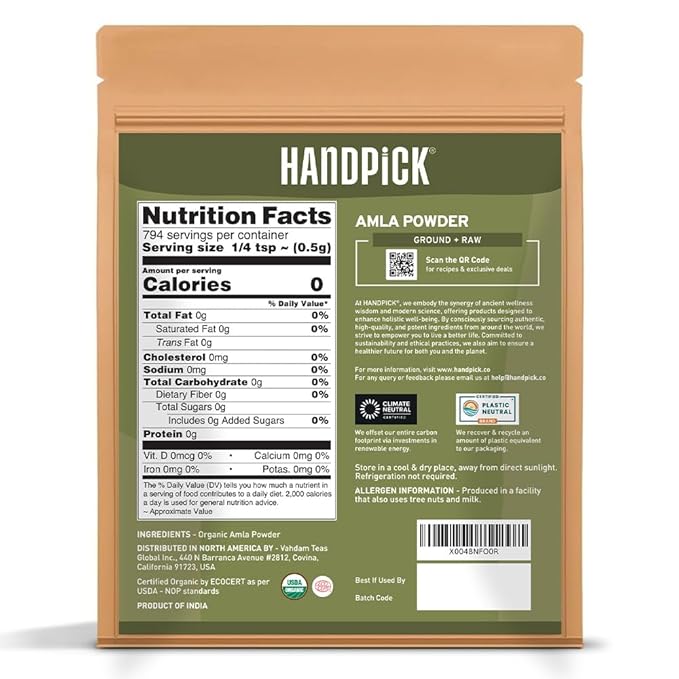 HANDPICK Organic Amla Powder (14oz) Amalaki, USDA Organic, Non-GMO | 100% Raw and Natural - Lab Tested for Purity | Indian Gooseberry Powder | Resealable Zip Lock Pouch