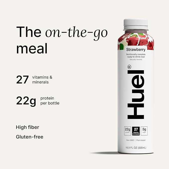 Huel Ready-to-Drink | Strawberry Shortcake Meal Replacement Drink | High Protein Drink | Nutritionally Complete, Low Sugar, High Fiber, Plant Based, Vegan, Healthy | 22g Protein Per Bottle, 16.9 Fl Oz (12 Pack)
