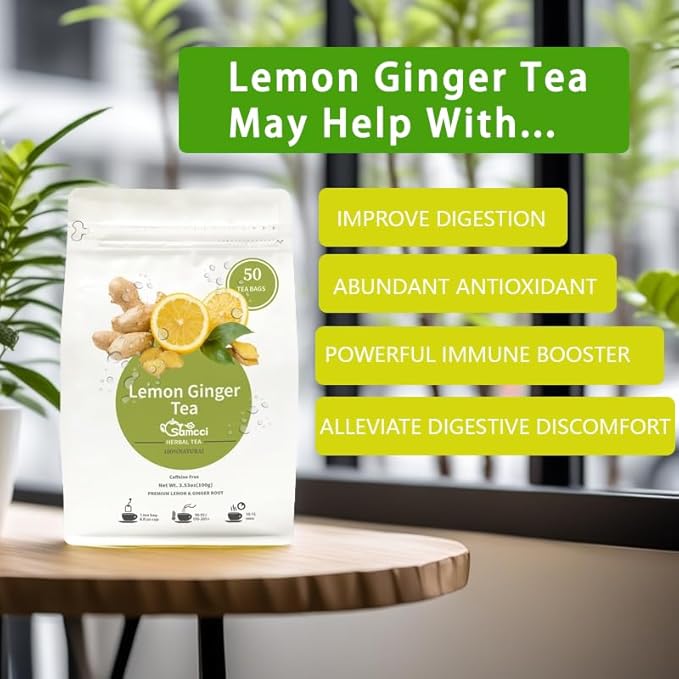 Samcci - Lemon Ginger Tea Bags, 50 Teabags - Great Hot or Iced – Aromatic, Natural, Pleasantly Spicy & Warming - Non-GMO - Caffeine-free - Support Healthy Digestion & Boost Immunity