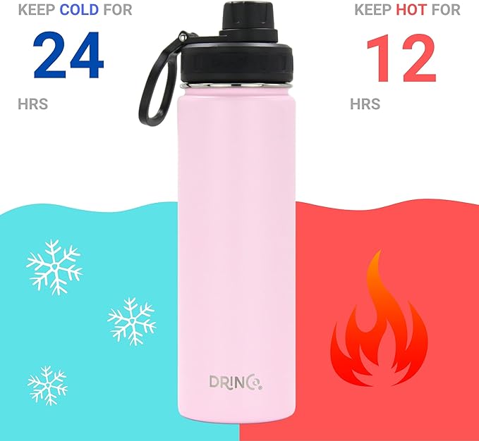 DRINCO Stainless Steel Water Bottle Spout Lid Vacuum Insulated Double Wall Water Bottle Wide Mouth (40oz 32oz 22oz 18oz 14oz) Leak Proof Keeps Cold or Hot (22 oz, 22oz Flamingo Pink)