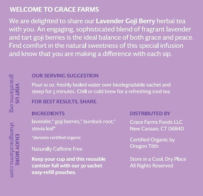 Grace Farms LAVENDER GOJI BERRY Herbal Tea (16 Pyramid Sachets) | Naturally Sweet, Stress Relieving and Caffeine Free | Organic and Kosher Certified | Gives Back 100% of Profits