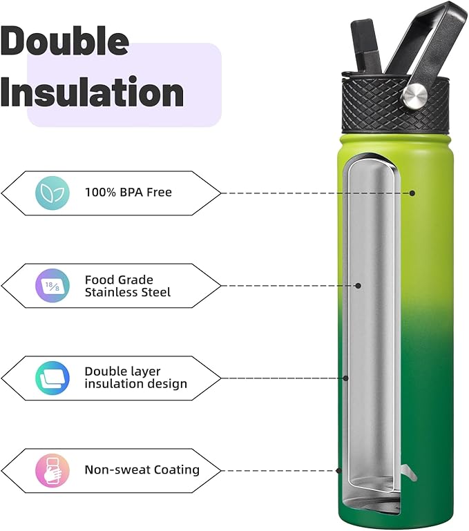 Insulated Water Bottle 24oz Stainless Steel Sport Bottles with 3 Lids,Bamboo Grove