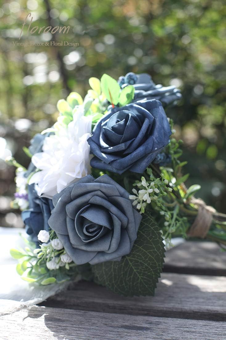 Floroom Artificial Flowers 25pcs Real Looking Dusty Blue Foam Fake Roses with Stems for DIY Wedding Bouquets Bridal Shower Floral Centerpieces Party Tables Decorations
