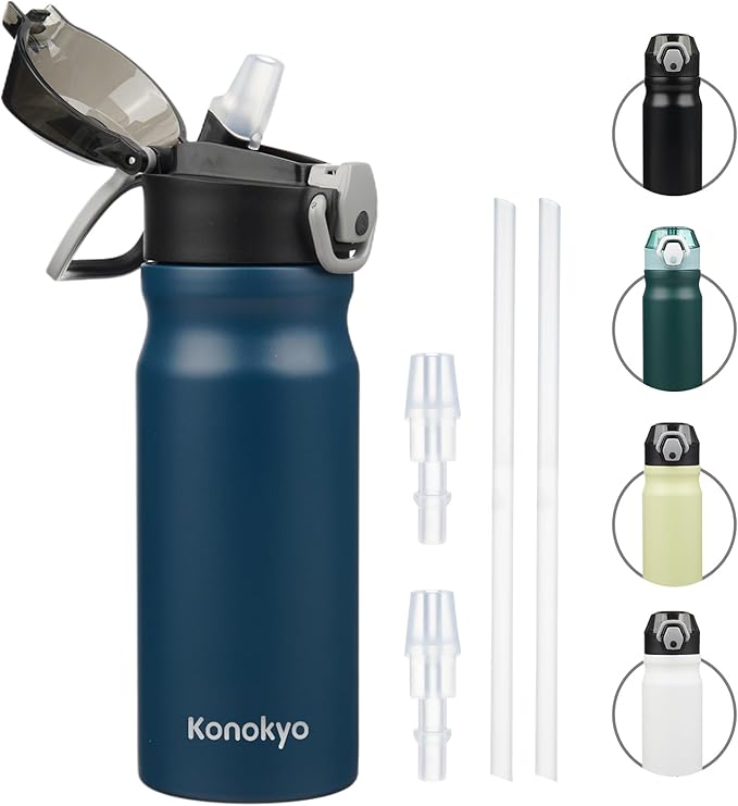 Insulated Water Bottle with Straw and Carry Loop,18 oz Stainless Steel Double Wall Vaccum Metal Water Flask with Leak-proof Lid,Navy blue