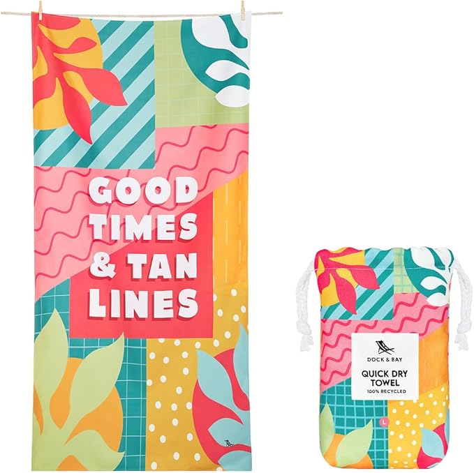 Dock & Bay Beach Towel - Quick Dry, Sand Free - Compact, Lightweight - 100% Recycled - Includes Bag - Good Times & Tan Lines - Large (160x90cm, 63x35)
