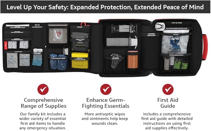 Family First Aid & CPR Kit - Emergency Medical Kit for The Entire Family, Child, Kids, and Youth. Perfect for Camping, Travel, Car, Hiking, Sports, Outdoor, and Home - First Aid Guide Life Safety Pro