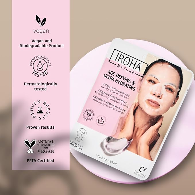 IROHA NATURE Anti-Aging Face & Neck Tissue Mask with Collagen (Pack of 15) | Firms and Prevents Wrinkles and Fine Lines | Visible Results in 15 Minutes | 96% Natural Ingredients | Mature Skin