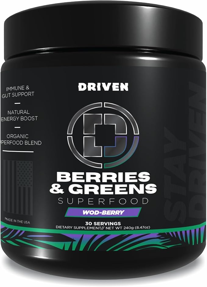 Driven B&G Berries & Greens Superfood Powder, 30 Servings - Organic Plant-Based Formula with Probiotics & Digestive Enzymes -Supports Recovery, Healthy Digestion, and Immune Function
