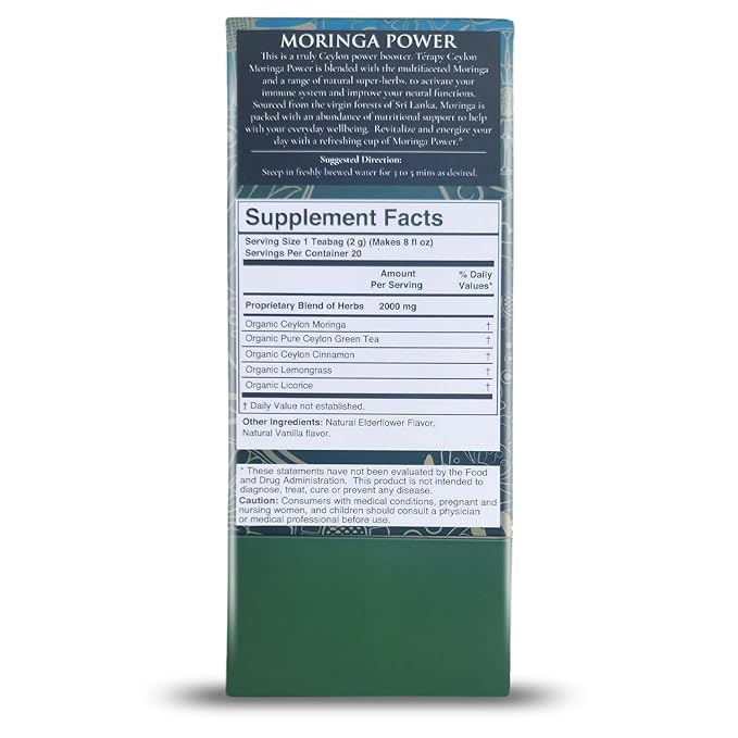 Térapy Ceylon Organic MORINGA TEA | USDA Organic Herbal Tea Bags| Helps with Vitality & Antioxidants | 100% Natural Ayurvedic Ingredients | 20 Individually Wrapped Tea Bags