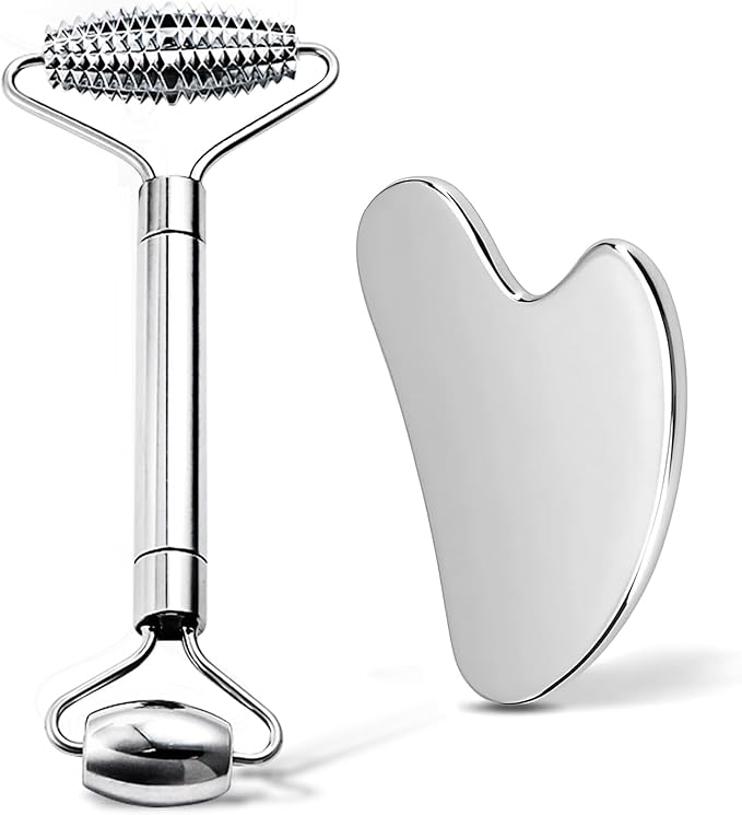 Gua Sha Facial Tools and Face Roller Set, Lymphatic Drainage Massager，Stainless Steel Facial Sculpting Eyes Roller Guasha for Face, Chin & Jawline Sculpting,Skin Care