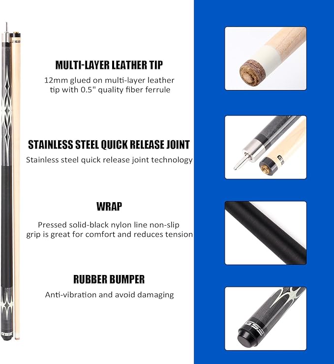 GSE Games & Sports Expert 58" 2-Piece Canadian Maple Hardwood Billiard Pool Cue Sticks for Men/Women, House or Commercial/Bar Use (Several Colors, Weight 18oz, 19oz, 20oz, 21oz Available)