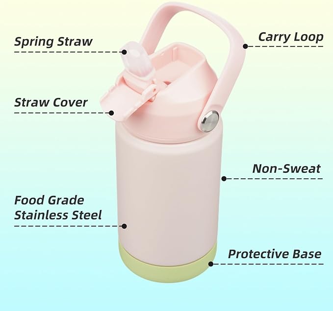 Insulated Water Bottle with Straw Lid,12 oz Stainless Steel Vacuum Metal Bottle with Silicone Handle,Pearl