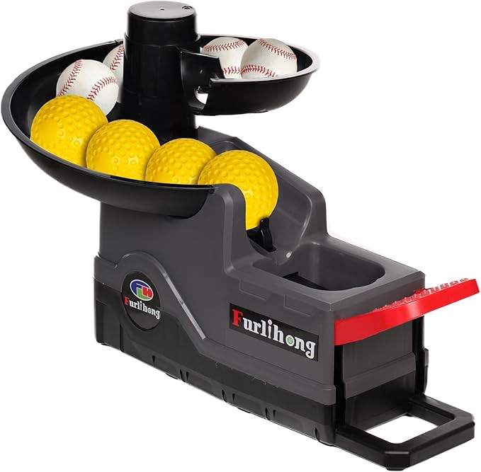 Furlihong 691BH Baseball Softball Toss Machine, Foot-Operated, No Power Needed, 4 Adjustable Gears, Includes 2 Ball Chutes, 1 PU Baseball & 1 PU Softball
