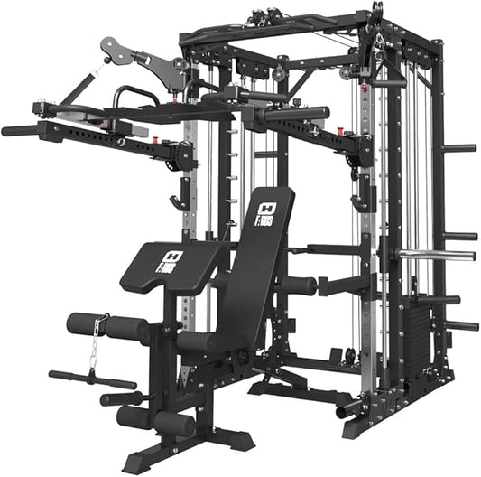 FAGUS Commercial Smithe Machine with 308lb Dual Weight Stacks, 4000LBS Power Cage Squat Rack with Lever Arm & Leg Press, Multi-Function Linear Bearing Cable Crossover Machine for Home Gym