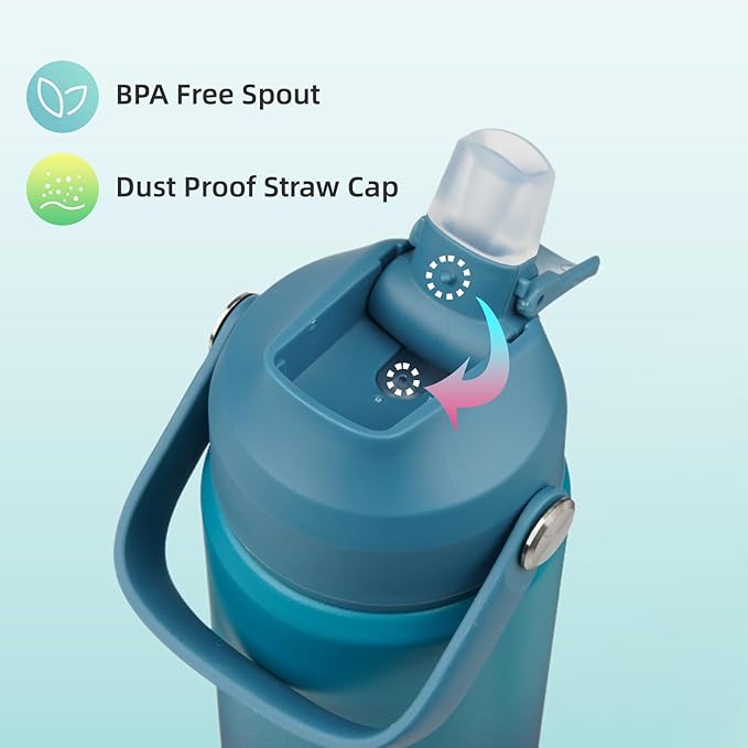 Insulated Water Bottle with Straw Lid,32 oz Stainless Steel Vacuum Metal Bottle with Silicone Handle,Vast