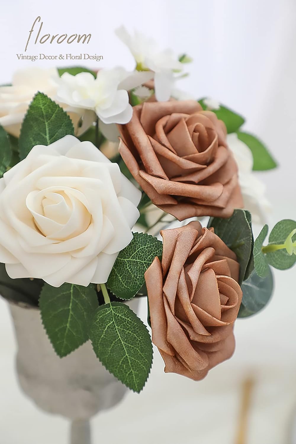 Floroom Artificial Flowers 25pcs Real Looking Gold Sparrow & Cream Foam Fake Roses with Stems for DIY Wedding Bouquets Bridal Shower Centerpieces Floral Arrangements Party Tables Home Decorations