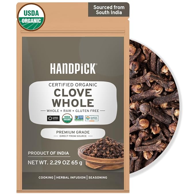 HANDPICK Organic Cloves Whole (2.3oz, 65g) Premium Cloves from South India | Packed in a Resealable Zip Lock Pouch | Perfect for Cooking, Smoothies, Pomander Balls & Tea
