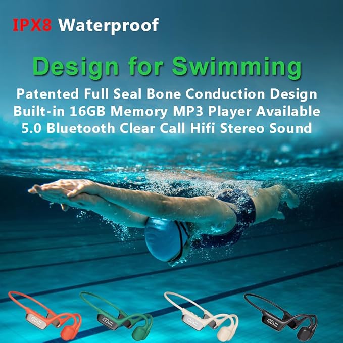 IHAO Swimming Headphones True Bone Conduction Open Ear Headset MP3 Player Built-in 32G Memory IP68 Underwater Waterproof Stereo Bluetooth Earphone for Driving Bicycling Running Skiing-S10 Black