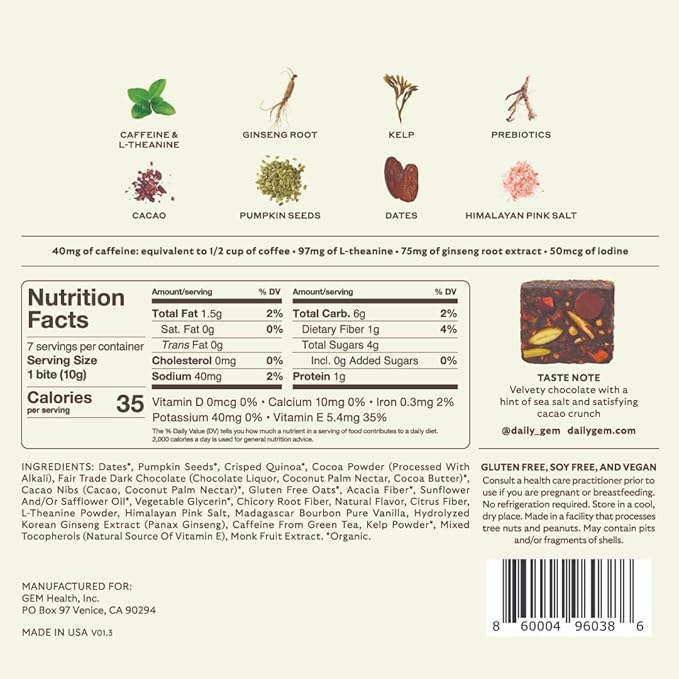 GEM Energy Caffeinated Bite, 40mg Caffeine, Ginseng Root, L-Theanine, Holistic Sustained Energy, Supports Metabolism, Stanima & Endurance | Chocolate Cacao Sea Salt | 28 Servings